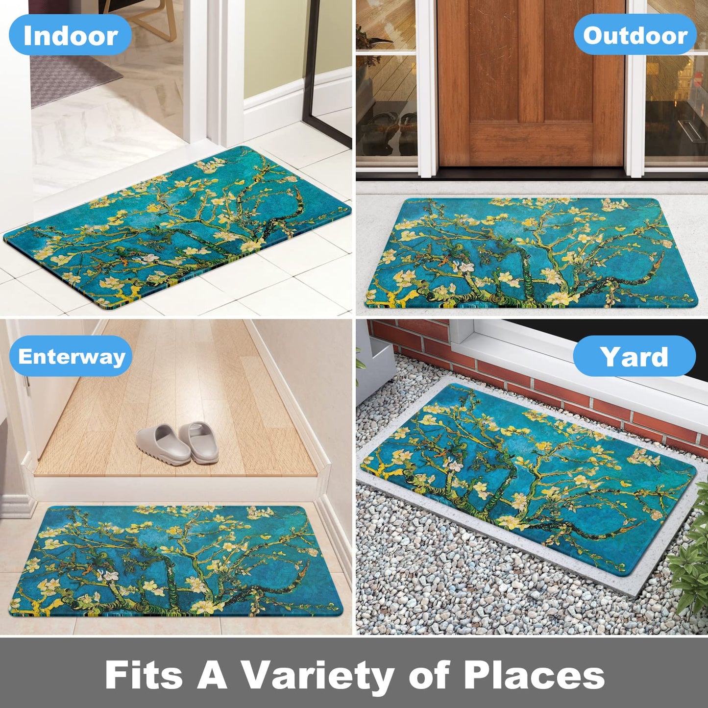 Rnivvi Front Door Mat, 30"x17" Flower Theme Indoor Outdoor Welcome Mat, Heavy Duty Low Profile Anti-slip Entryway Rug for Home Entrance, Floor, Patio Entry, Mud Room, Cute Van Gogh Almond Tree Doormat