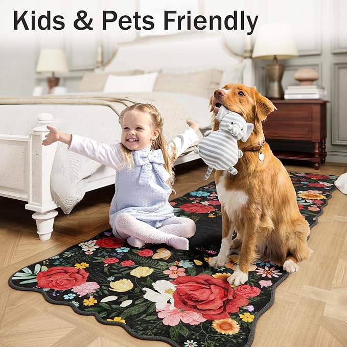 Washable Entryway Small Area Rugs: Door Mat Indoor Entrance 3x5 Floral Rug Ultra Thin Stain Resistant Non Slip Low Pile Lightweight Carpet for Kitchen, Front Door, Kids Room Decor (Black)