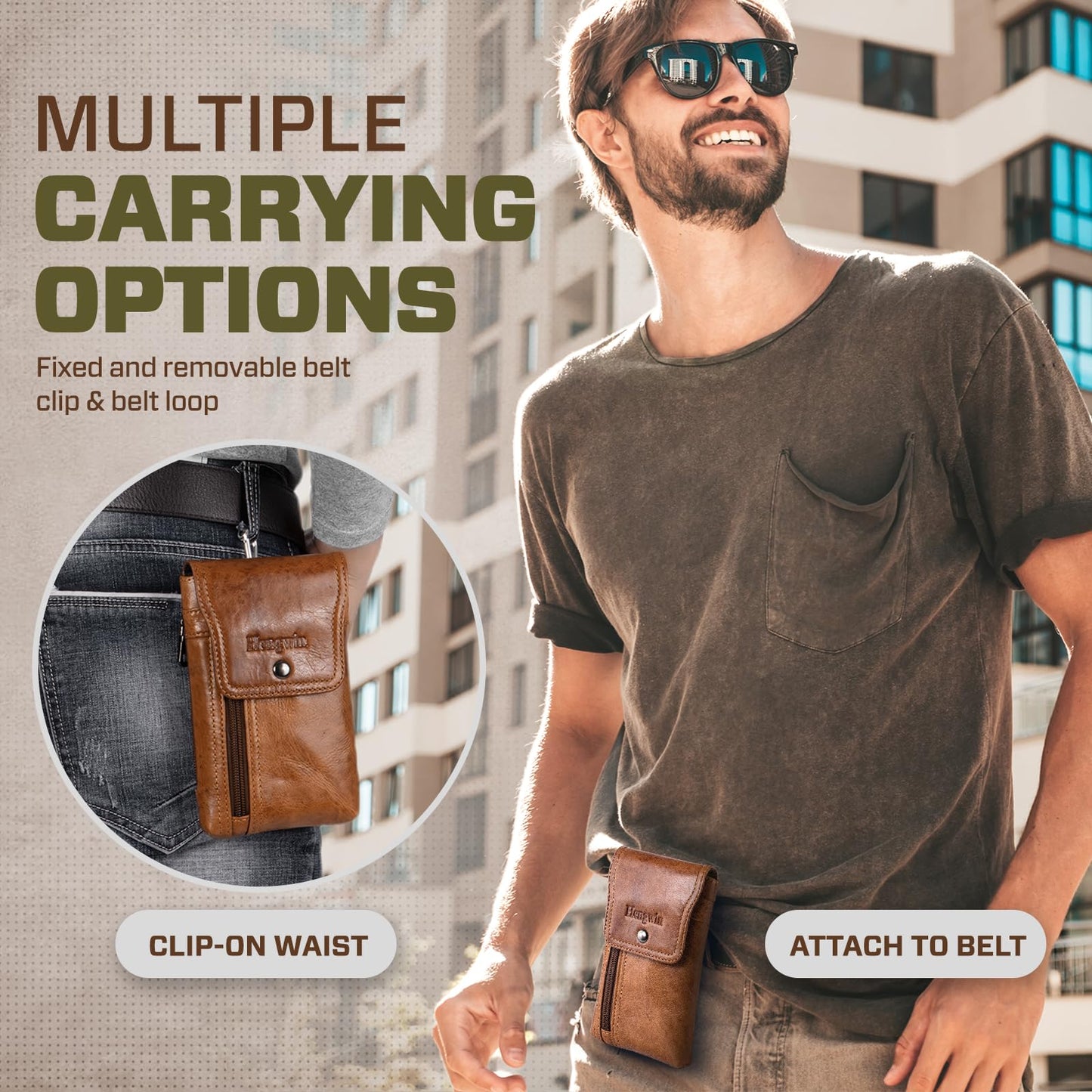 Hengwin Phone Holster Belt Case with Belt Clip, Genuine Leather Belt Pouch Cell Phone Holder Fit for iPhone 16 Plus 15 Pro Max 14 Pro Max Samsung Galaxy S25 Plus (Fit Cellphone with Case On) (Brown)
