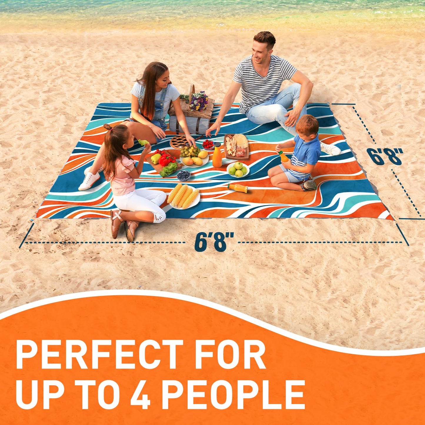 Everlasting Comfort Large Beach Blanket Waterproof & Sandproof - 80" x 80"/ 6.7ft x 6.7ft - Lightweight Picnic Mat, Camping Necessities for 4 People - Accessories for Outdoor Festivals - Orange