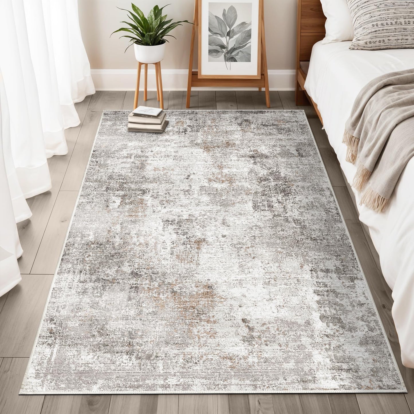 4x6 Washable Entryway Rug – Non-Slip Low-Pile Small Area Rug for Kitchen Bedroom Living Room Office – Modern Abstract Neutral Throw Carpet with Rubber Backing (Beige, Grey)