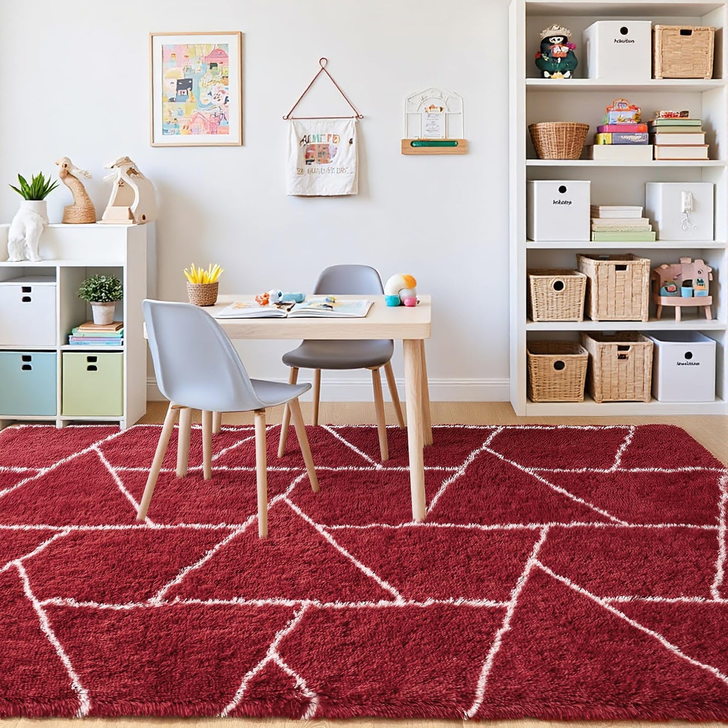 FALARK Fluffy Area Rugs for Living Room Bedroom, Modern Geometric 4x6 Feet Red White Rug, Soft Plush Shaggy Fuzzy Floor Bedside Carpet for Nursery Kids Girls Boys Teen Dorm Home Office Decor