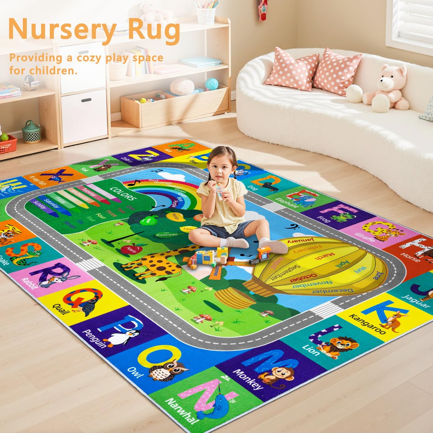 VSIWB Kids Rug for Playroom Educational ABC Rug Washable Play Mat Learning Alphabet Animals Numbers Non-Slip Soft Kids Carpet for Baby Toddler Classroom Nursery Bedroom Decor 5x7