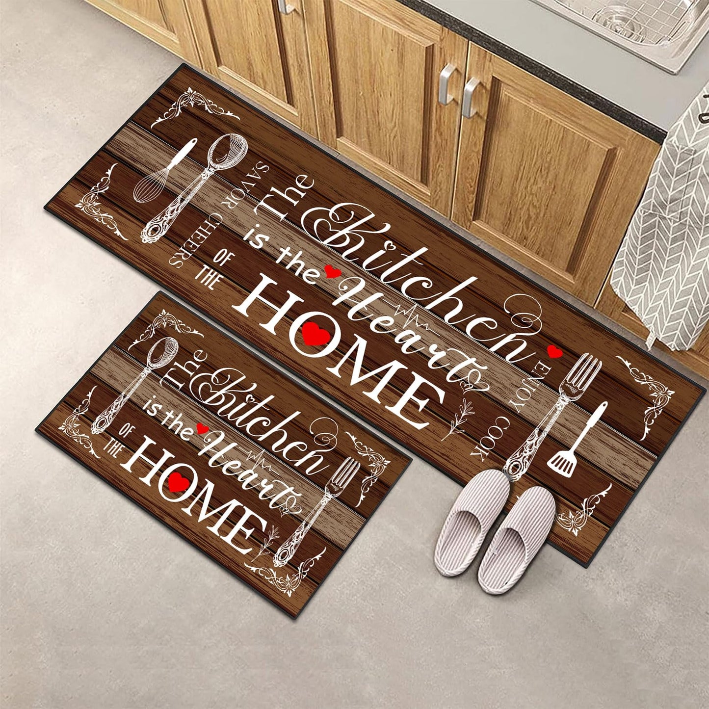 AmaAccess Farmhouse Kitchen Rug 2 Piece Set, Brown and White Rustic Kitchen Decor Rugs, Non-Slip, Absorbent, Washable Floor Mats, Home Indoor Runner Carpet (Brown, 17x30+17x47 Inches)