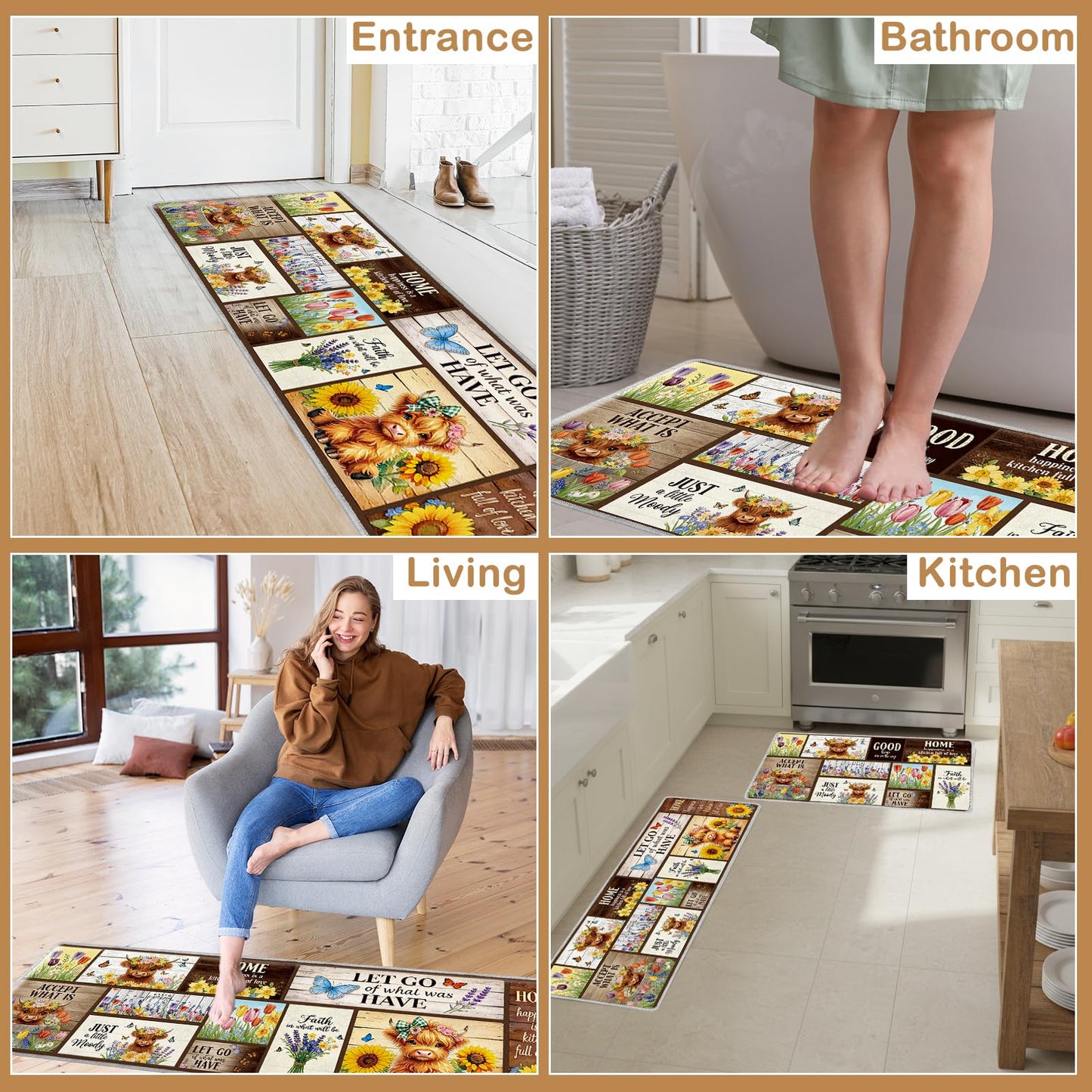 InIsaJace Highland Cow Kitchen Decor - 3 Pcs Highland Cow Kitchen Rugs and Mats, Farmhouse Cattle Non Slip Rug Spring Seasonal Floor Mats for Home Door Bathroom (16x31 + 16x47 + 16x59 Inch)