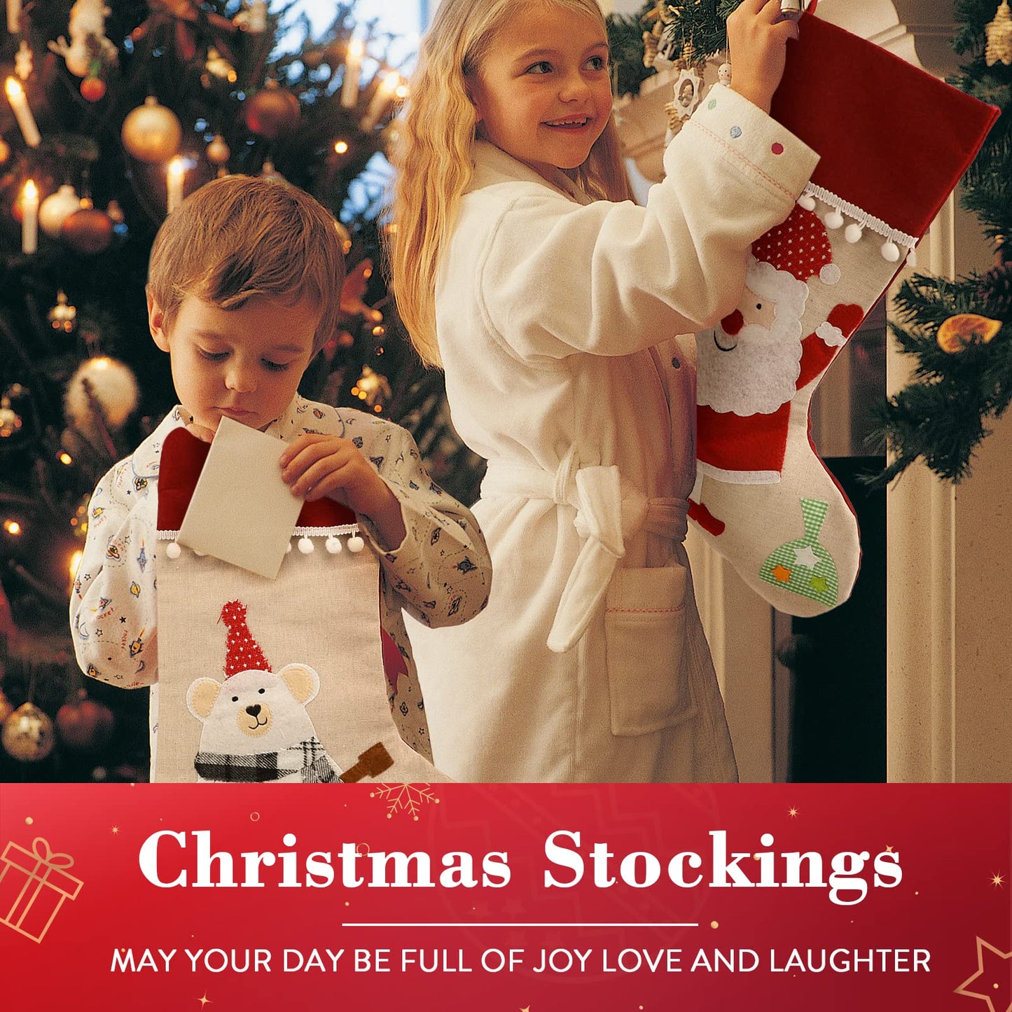 AUTGA Christmas Stockings 4 Pack, 18'' Large Xmas Stockings with Santa Snowman Gnomes Pattern, Christmas Stockings for Family Stairs Fireplace Tree Hanging Home Decorations Party Season Decor