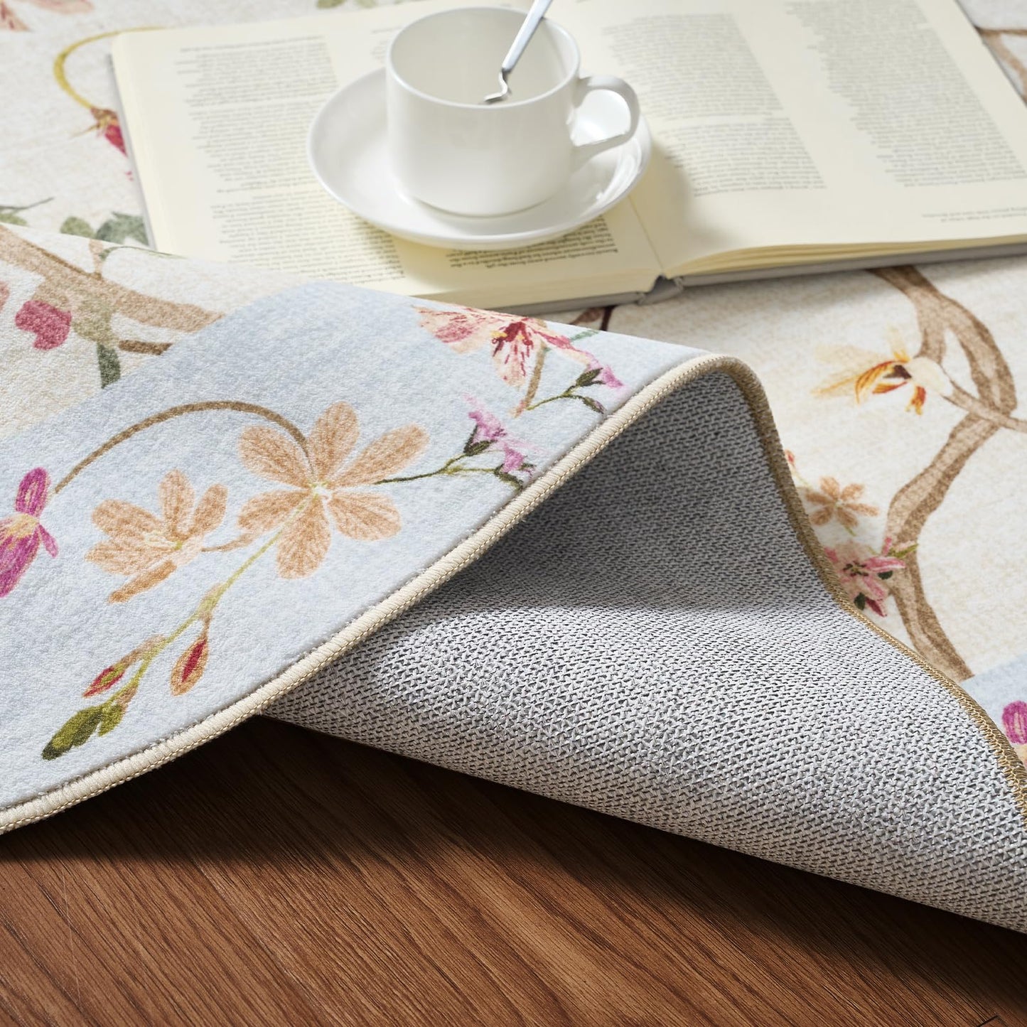 jinchan Floraison Floral Oval Rug for Entryway 3x5 Washable Oriental Flower Design Soft Non Slip Lightweight Low-Pile Chinoiserie Throw Carpet for Bedroom Living Kitchen Room Home Beige/Blue