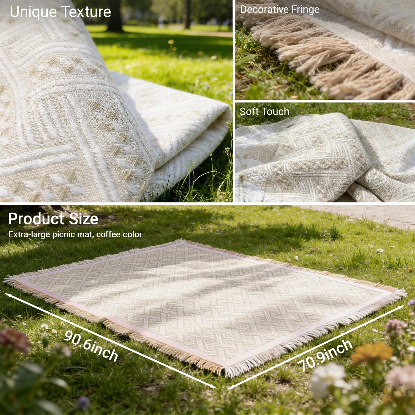 Boho Beige Cotton Picnic Blanket 91×71 Inch Extra Large, Woven Textured Tassel Outdoor Beach Mat, Machine Washable Portable Camping Blankets for Family Park Picnic, Boho Wedding Decor & Indoor Home