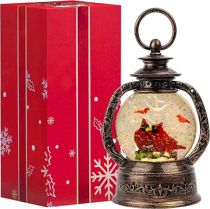 Christmas Snow Globe Lantern Water Glittering Cardinal with Music, USB Lined/Battery Operated Lighted Lantern for Christmas Festival Decoration Gifts