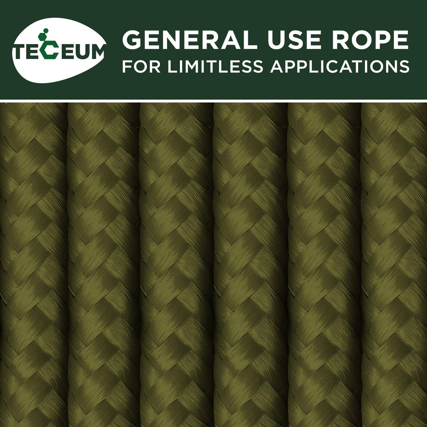 TECEUM Rope – 90 Feet x 1/4 Inch (7mm) – Army Green – Strong All-Purpose Utility Rope – Camping, Crafting, Flag Pole, Indoor & Outdoor – Polypropylene Nylon Poly Lightweight Diamond Braided Cord