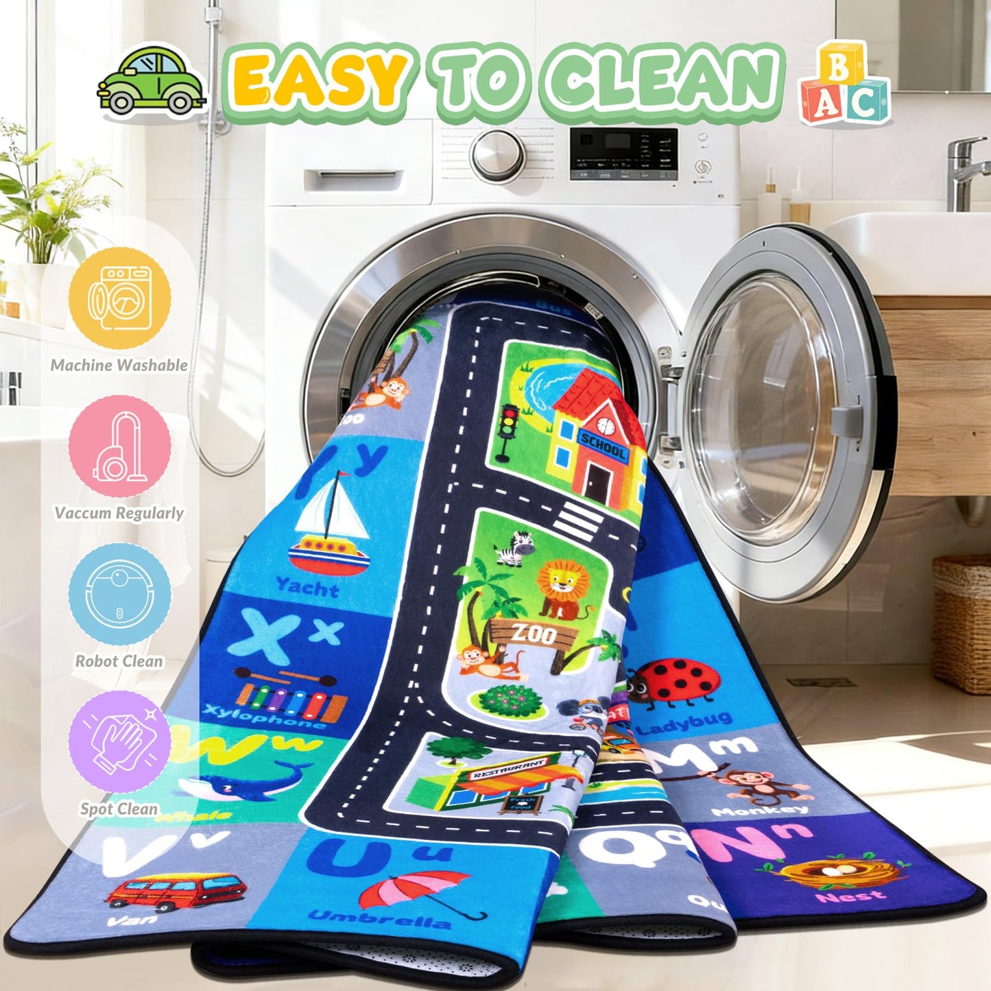 Rogara Car Rug Playmat, City Road Map Kids Rug, Educational Learning Play Mat, Soft Non-Slip Machine Washable ABC Alphabet Carpet for Bedroom Nursery Preschool Classroom