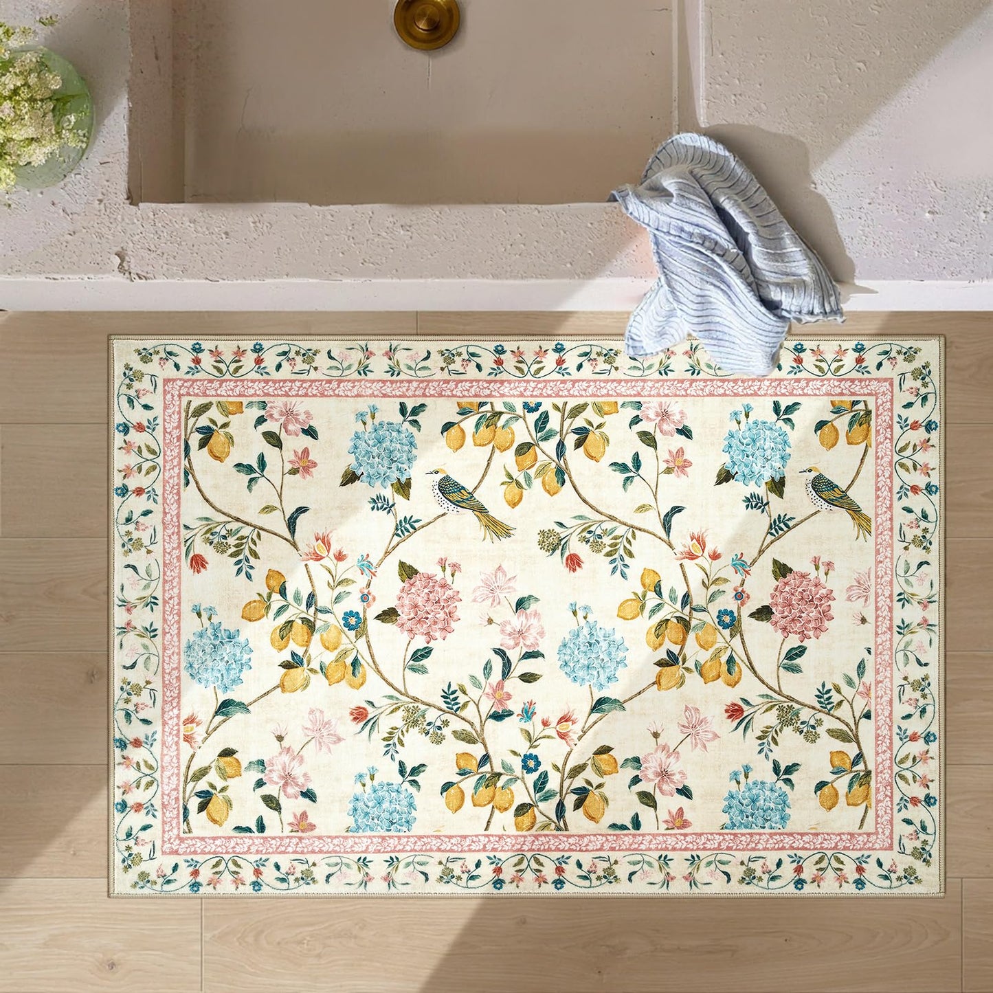 jinchan Area Rug 2x3, Floral Washable Indoor Entryway Doormat Chinoiserie Throw Non Slip, Low Pile Small Botanical Soft Rugs Retro Carpet for Bedroom Bathroom Decor Beige/Pink