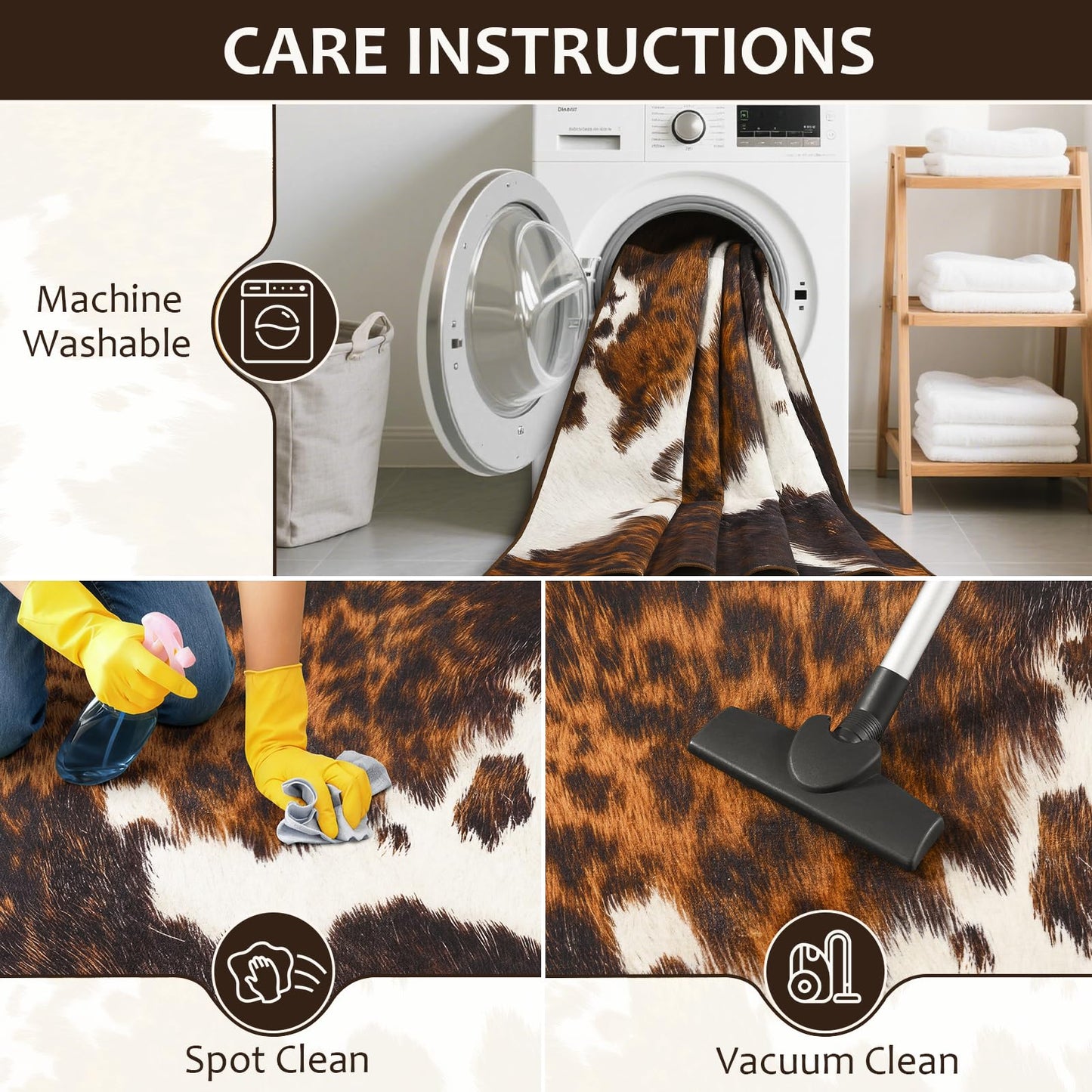 B BENRON Soft Cowhide Rug 4x6 Ft, Faux Cow Hide Rugs for Living Room Bedroom, Non-Slip TPR Backing for Hardwood Floors, Machine Washable & Easy to Clean, Pet Friendly Carpet for Kids, Brown