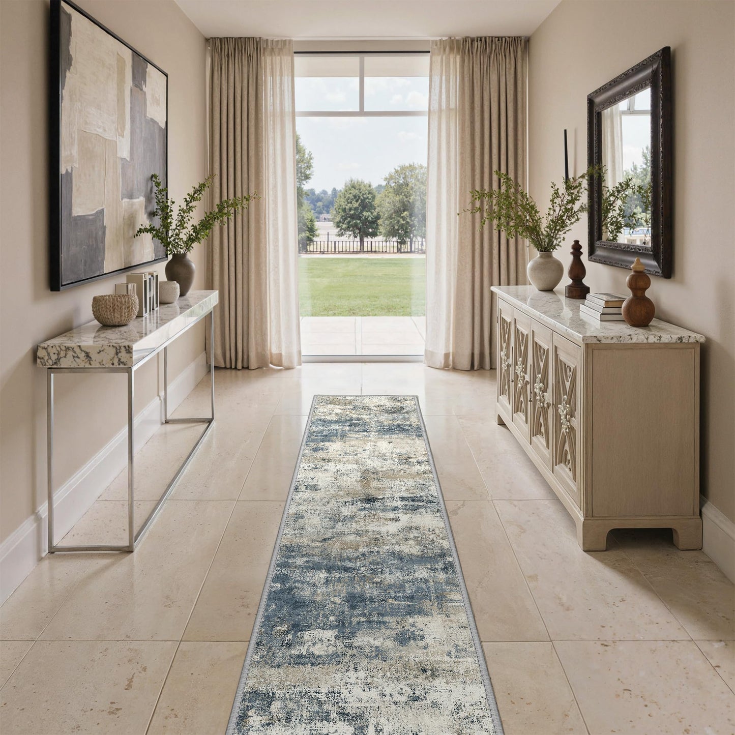 GENIMO Runner Rug Non Slip 2'6"x8', Washable Rug Runner for Hallways Kitchen, Abstract Modern Kitchen Rugs, Low Pile Lightweight Carpet Runners for Entryway, Bedroom, Laundry, Navy Blue