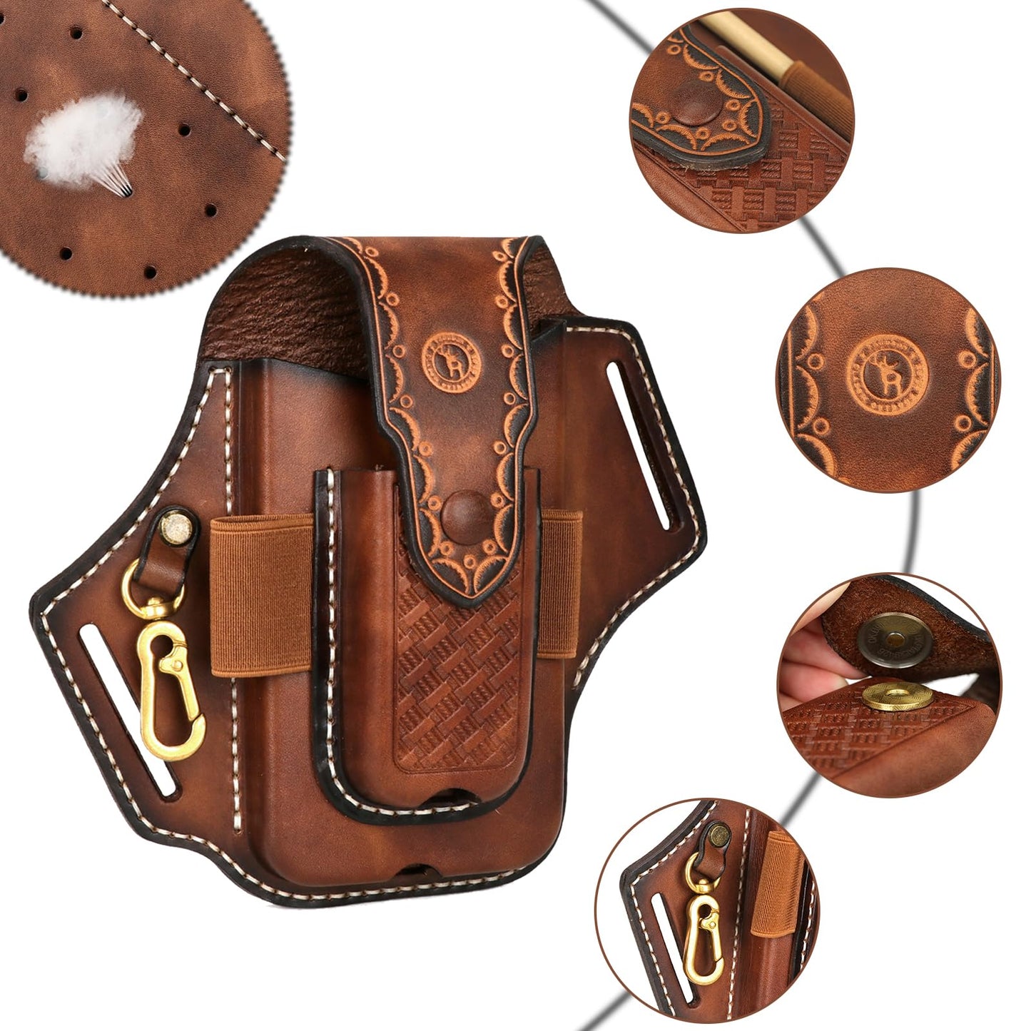 Tourbon Leather Cell Phone Holster Pouch Case Tool Multitool Sheath Flashlight Slot Holder & Keychain Clip with Magnetic Closure for Belt (Brown)