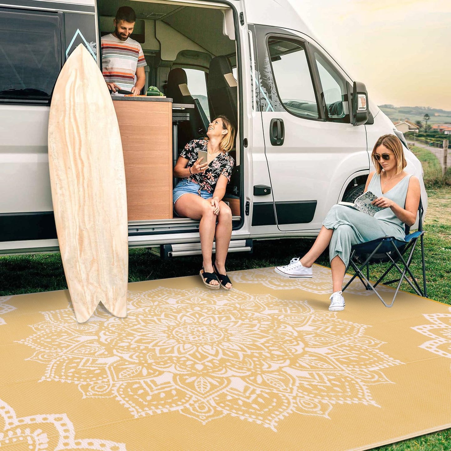 Yamaziot Waterproof Outdoor Rug 8x10 ft, Reversible Plastic Straw Rug for Patio Clearance, Camping, RV Mat, Large Outside Rug Carpet for Porch, Deck, Backyard, Balcony, Picnic, Yellow