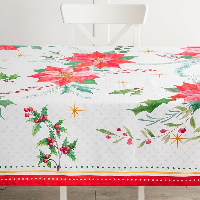 Maison d' Hermine Table Cloth Rectangle Table 100% Cotton 60 x 90 Inches Fall Tablecloth Reusable Everyday Use for Thanksgiving Christmas Decorations Dining Farmhouse Party (Poinsettia Christmas)