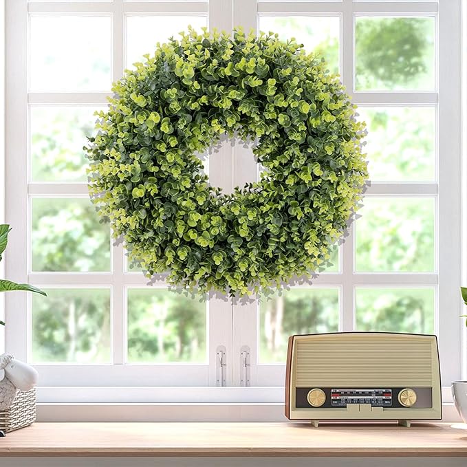 24 Inch Large Boxwoods Green Spring Artificial Wreath for Front Door, Year Round Spring Summer Winter Wreaths for Wall Window Porch Home Farmhouse Wedding Outdoor Outside Indoor Decorations