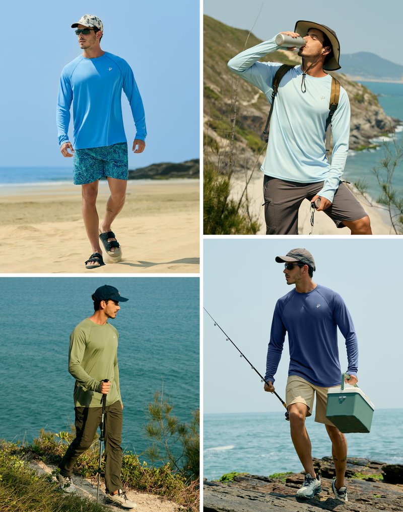 Pudolla Mens Sun Protection Shirts UV SPF T-Shirts UPF 50+ Long Sleeve Rash Guard Fishing Running Quick Dry(Sky Blue M)