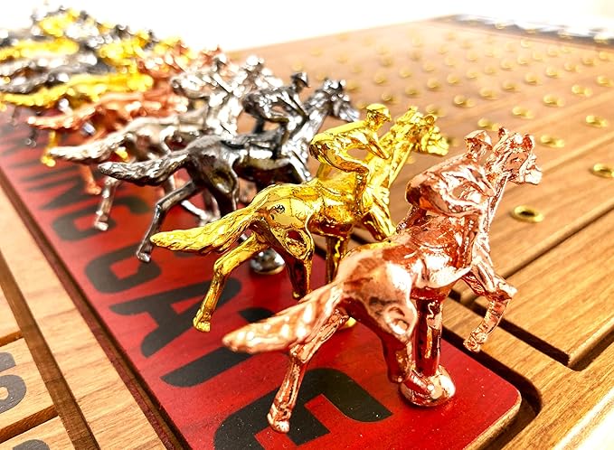 Horse Racing Game for Adults Horse Race Board Game with 11 Luxurious Metal Horses (Gold Silver Black Rose Gold) 22” Cherry Wood Horse Race Game Board Dice & RoseGoldCard Included (Cherry)