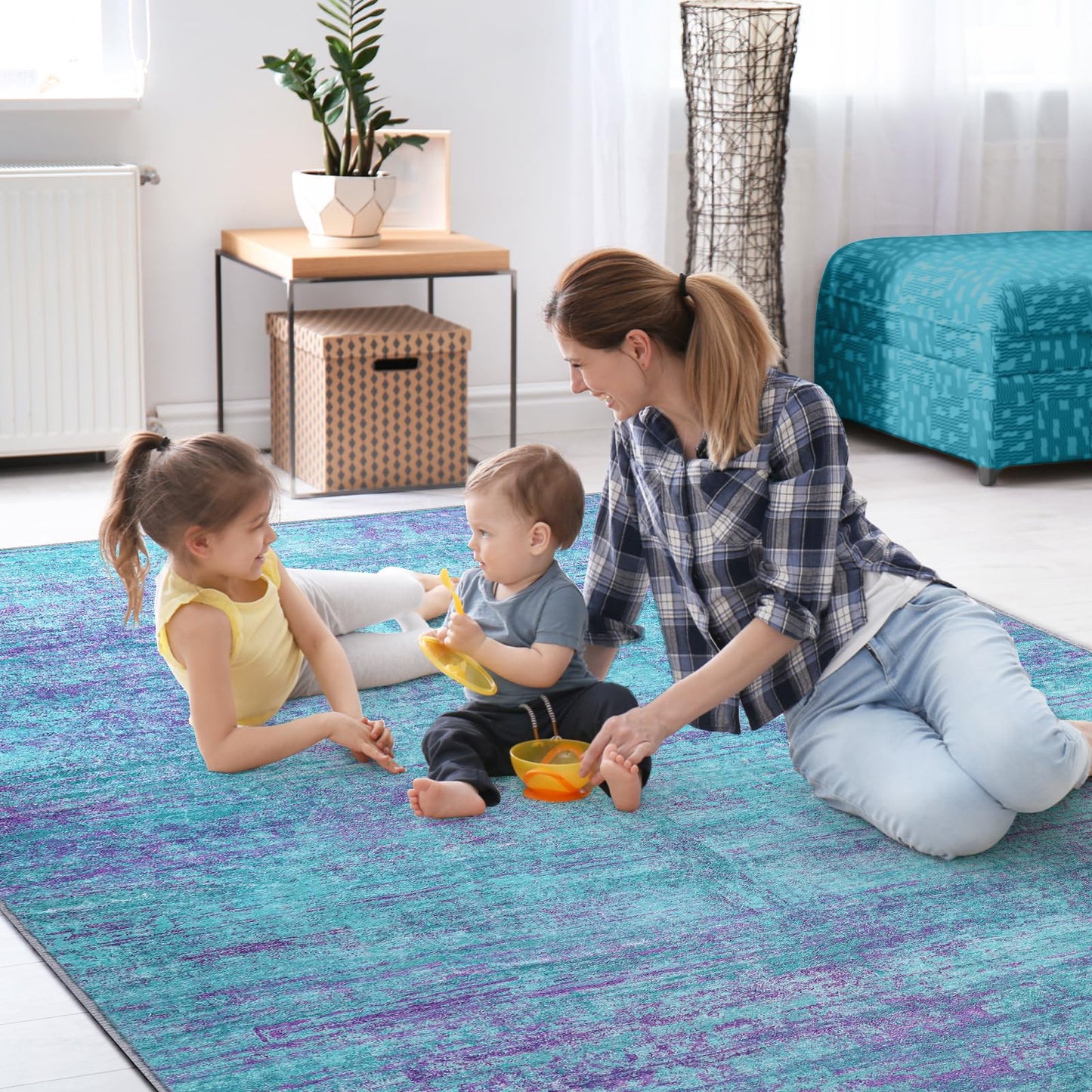 FLYRUGGO Abstract 5x7 Area Rug, Modern Teal Purple Throw Rugs for Living Room, Washable Soft Large Non-Slip Accent Carpet Floor Mat for Dining Room Office Bedroom - Teal+Purple