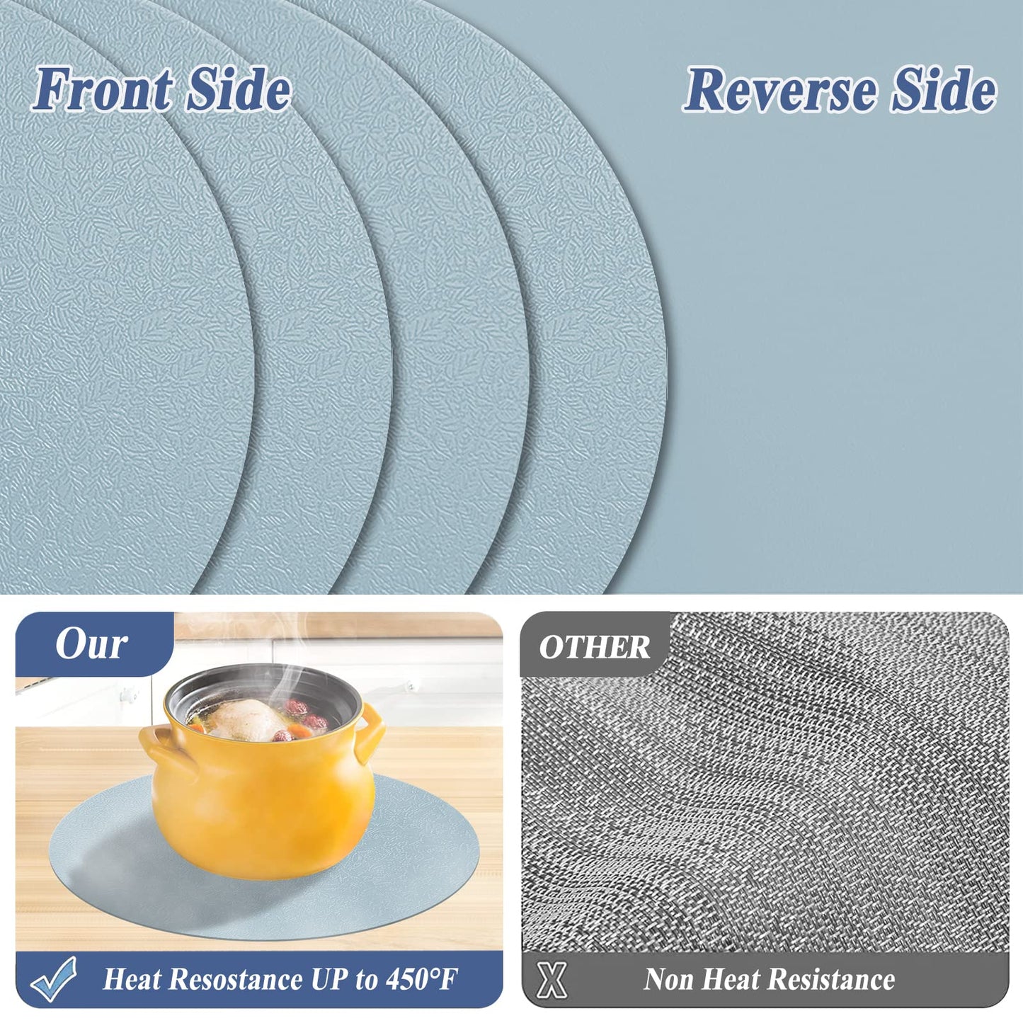 YUNJUER Round Silicone Table Mats(34cm) and Coasters(10cm) Set of 4, Heat-Resistant 450 °F Place mats, Non-Slip and Washable, Place Mats for Hotel, Restaurant, Kitchen Glass Dining Table, (Light Blue)
