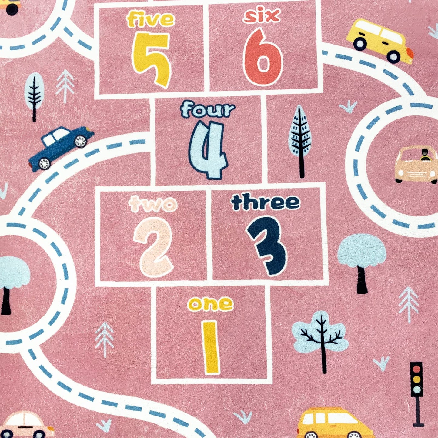Abeigoi Kids Play Mat Hopscotch Car Area Rug 5x8Ft Extra Large for Girls Bedroom Soft Classroom Educational Learning Children Preschool Car Road Boys Gift, Pink