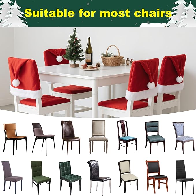 Christmas Chair Covers Hat Chair Back Covers for Xmas Holiday Chair Covers Set of 6, Stretch Parsons Chair Slipcovers Removable Washable kitchen for Home Hotel Banquet Holiday Decoration(6Pcs)