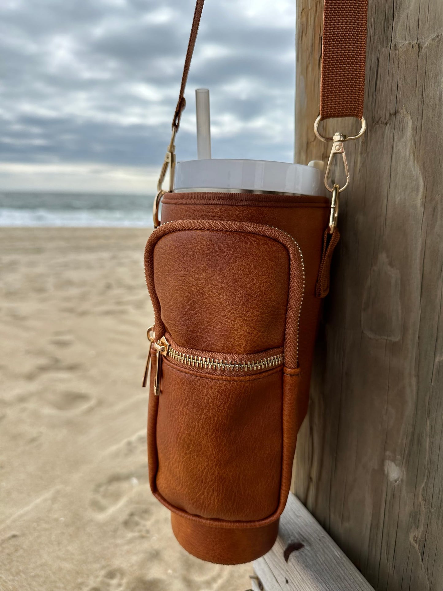 Resin & Reed Water Bottle Carrier Bag with Phone Wallet, Compatible with 40oz Stanley and Other Tumblers (Brown Pleather)
