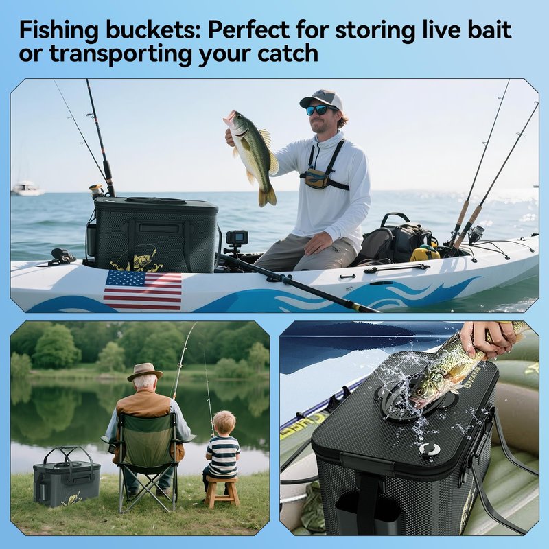 yuzhiyuan Fishing Bucket Foldable, 6Gallon/8Gallon/10Gallon,Live Fish Container Multi-Functional Live Fish Bait Bucket,for Fishing, Camping, Moving