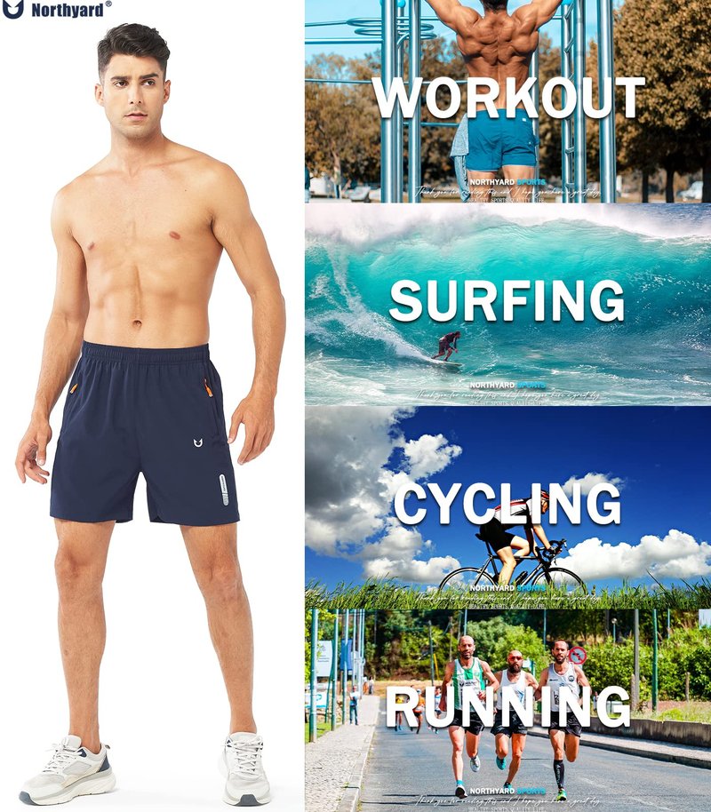 NORTHYARD Men's Athletic Running Shorts Gym Workout 7"/9"/5" Quick Dry Lightweight Sports Basketball Tennis 3 Zipper Pockets NAVY-5inch XL