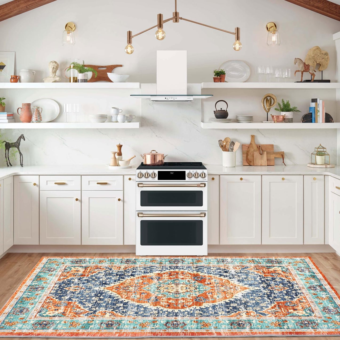 Garvee 5x7 Ft Low Pile Soft Retro Accent Rug, Boho Carpet, Washable Rugs, Stain Resistant, Non Slip Waterproof Carpet, for Entryway, Bedroom, Dinning Room, Red & Blue