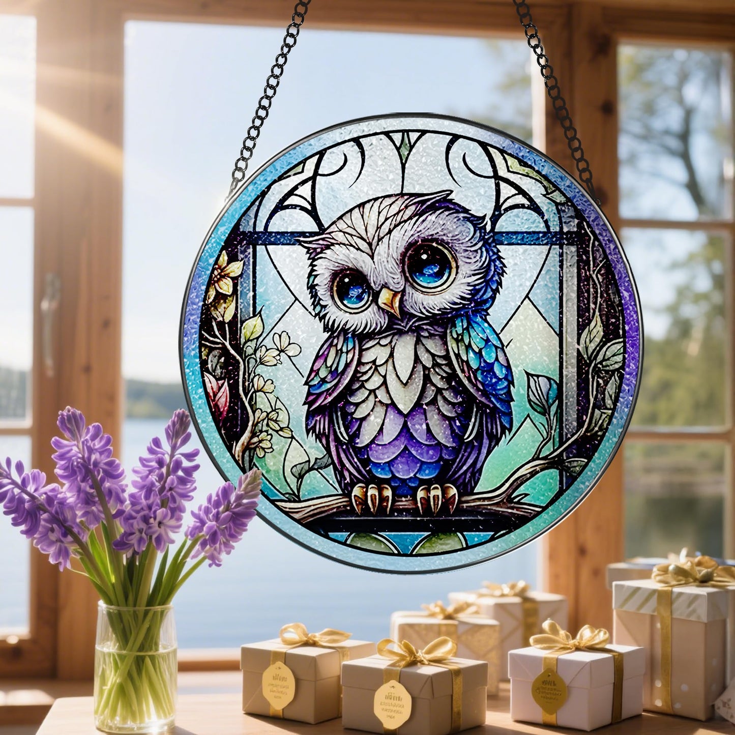 8 Inch Stained Glass Suncatcher Ornament, DOUHASU Owl Sun Catchers Indoor Window, Stained Glass Window Hanging, Home Decor, Owl Lovers Gifts for Women, Men, Friend, Relative