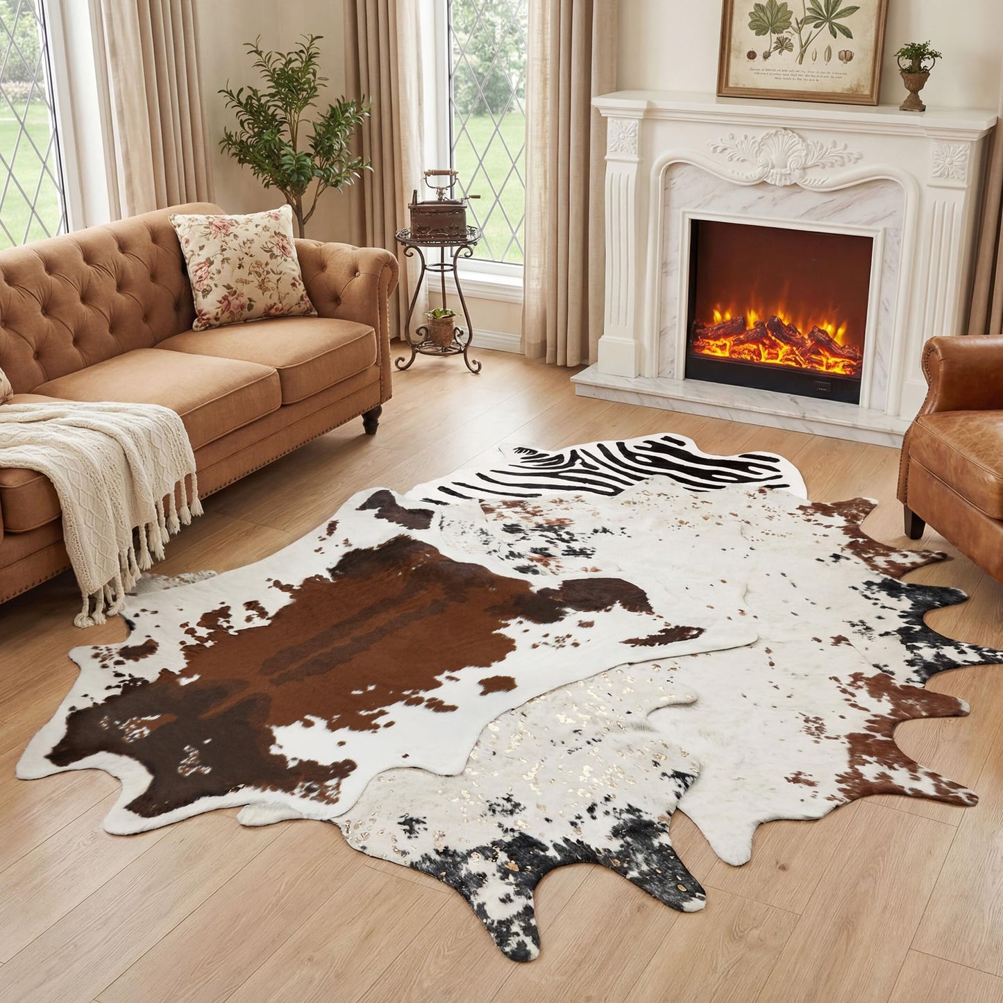 JONIYEAR Large Durable Faux Cowhide Area Rug 4.9 x 6.56 Feet, Premium Cow Print Rug for Living Room Bedroom, Durable Faux Fur Animal Cow Hide Carpet for Western Farmhouse Decor, Black and Gold Spot