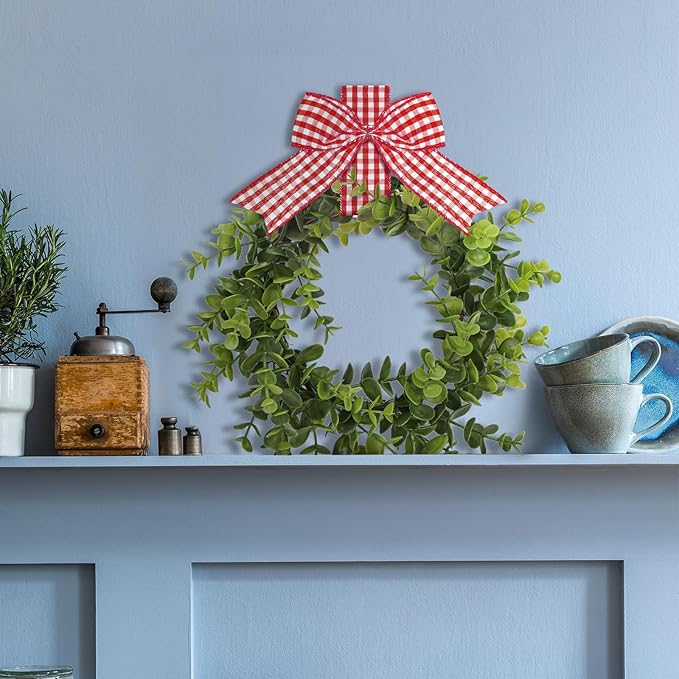 WILLBOND 4 Pcs Christmas Kitchen Cabinet Wreath Boxwood Garland with Ribbon Greenery Garland Hanging Wreaths for Cabinet Wall Window Door Fireplace Party Farmhouse Decor(Red and White,Fabric)