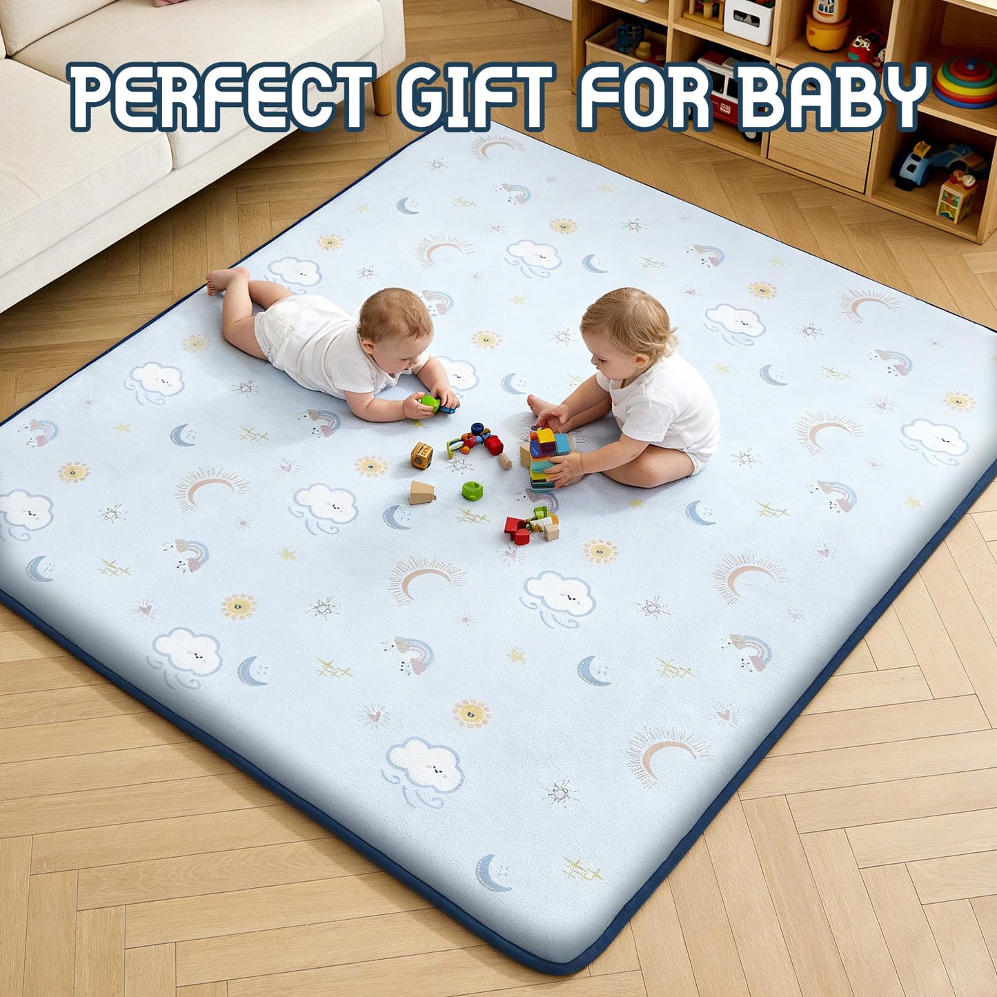 TreeBud Baby Play Mat for Floor, 1.3-Inch Thickened Foam Soft Padded Playmat for Tummy Time, 50x50 Water-Repellent Coral Velvet Playpen Mat for Toddlers Infant Kids, Sky Theme