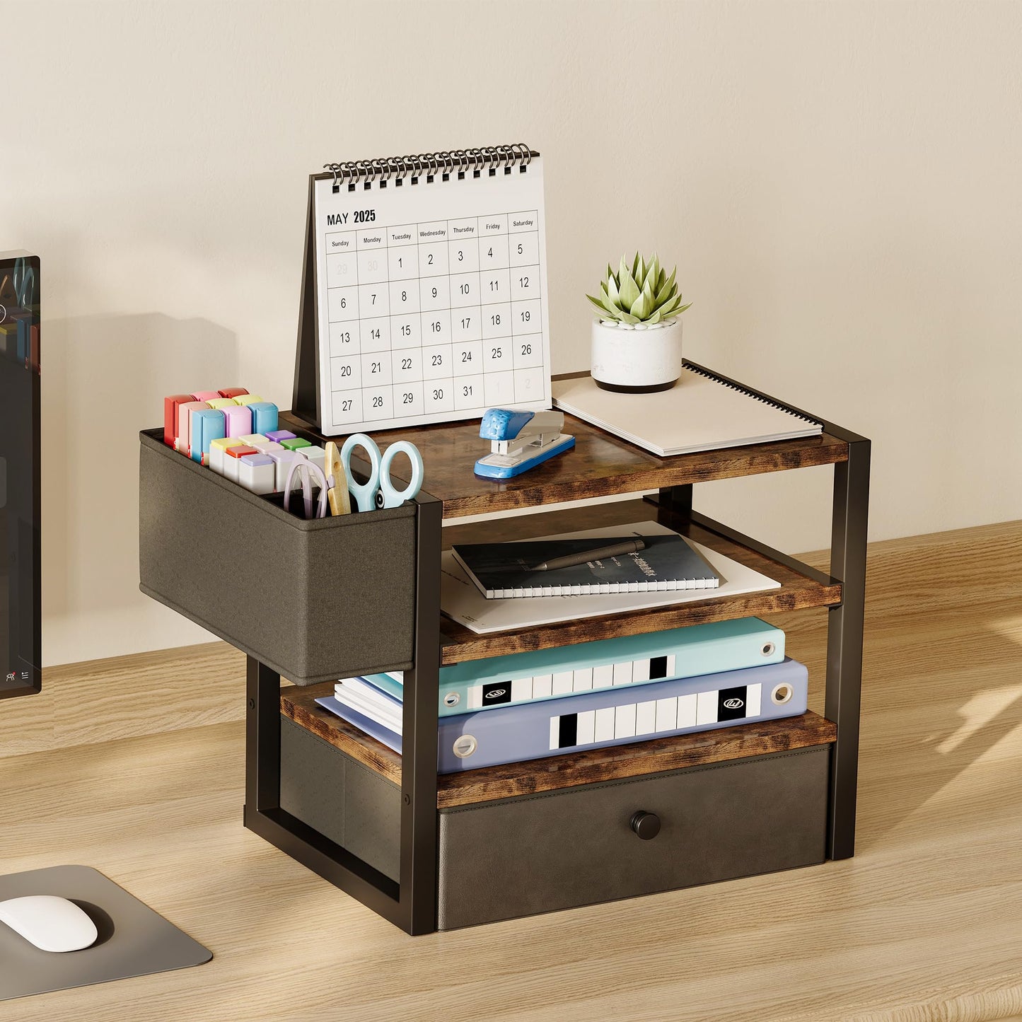 Desk Organizers and Accessories, 4-Tier Paper Letter Tray File Organizer with Fabric Drawer & 3 Pen Holder, Office Desk Accessories Workspace Desktop Organizer for Office Supplies, Rustic Brown