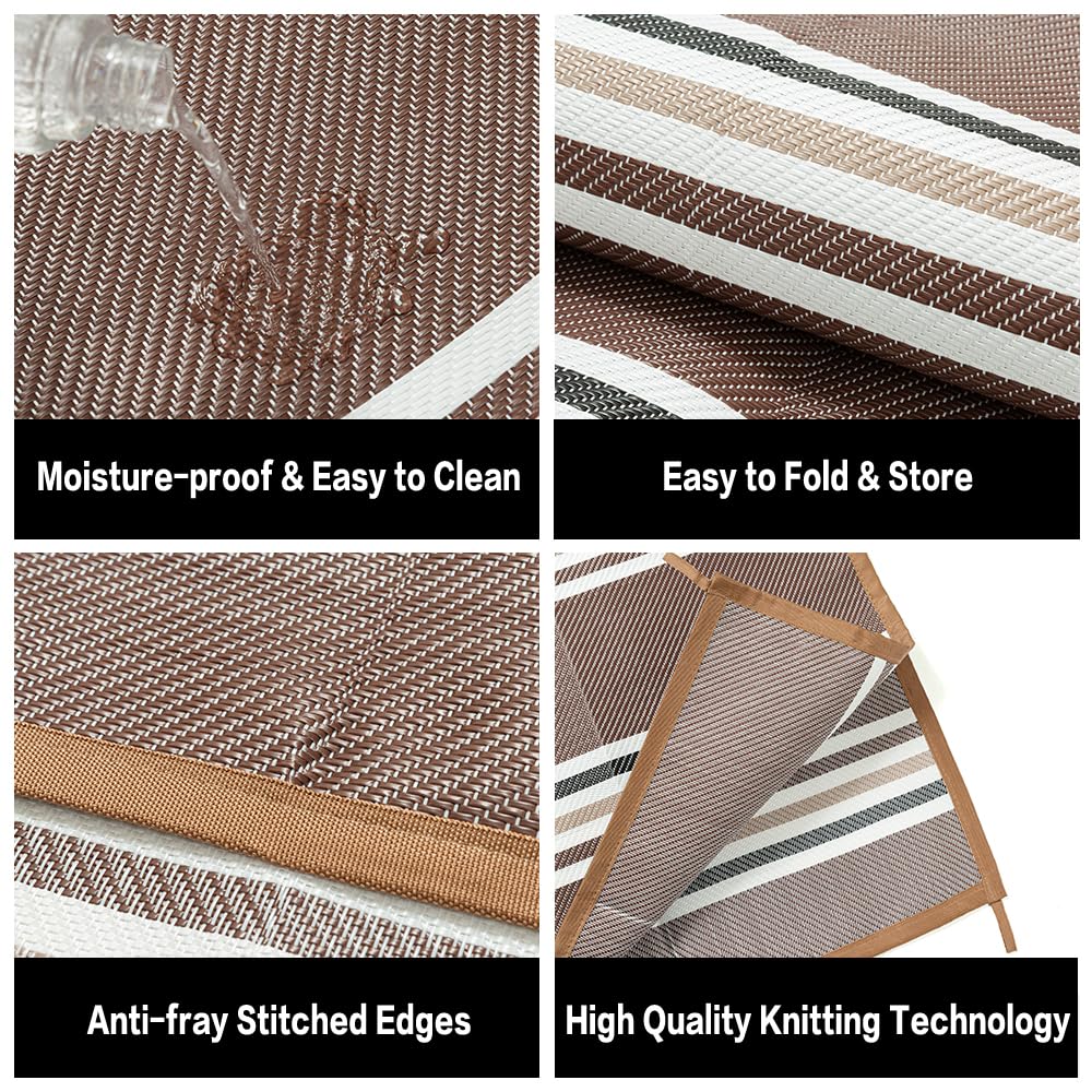 PureCozy Outdoor Waterproof 6x9 Rug for Patio Reversible Plastic Straw Brown Striped Camping Mat Outside Lightweight Large Floor Mat for RV Deck Beach Balcony Picnic Backyard Entry Porch