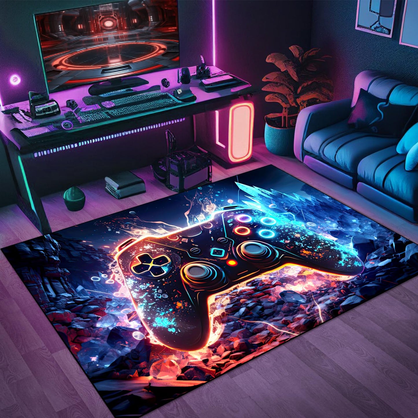 Gaming Area Rug Teen Boys Carpet, Colorful Gamepad Background Game Controller Design for Game Room, Boys Girls Bedroom Playroom, Living Room (Crystal Cave, 60" x 40")
