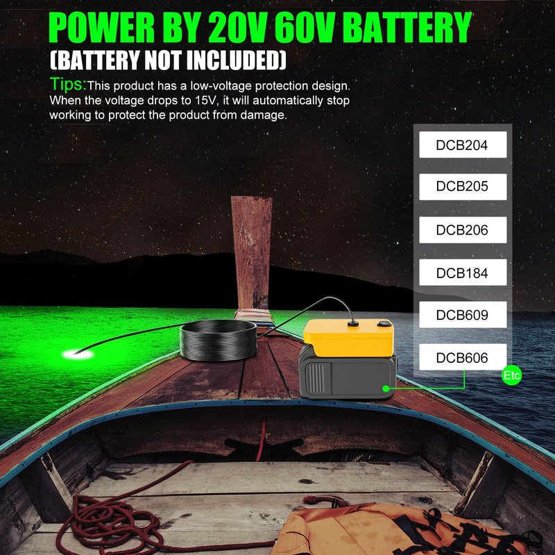 Underwater Fishing Light Compatible for Dewalt 20V Battery,LED Green Light for IP68 1300 Lumens Fish Attracting, Night Fishing for Docks Boats or Kayaks(no Battery)