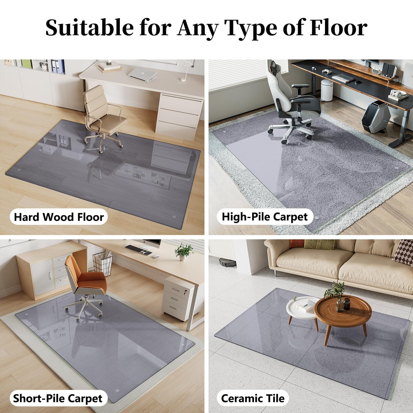 FlyEcho Glass Chair Mat 36" x 55" Heavy Duty Tempered Glass Office Chair Mat, Glass Floor Mat with Round Corner and Polished Edge for Smooth Glide, Office Chair Mat for Carpet, Hardwood Floor, Grey