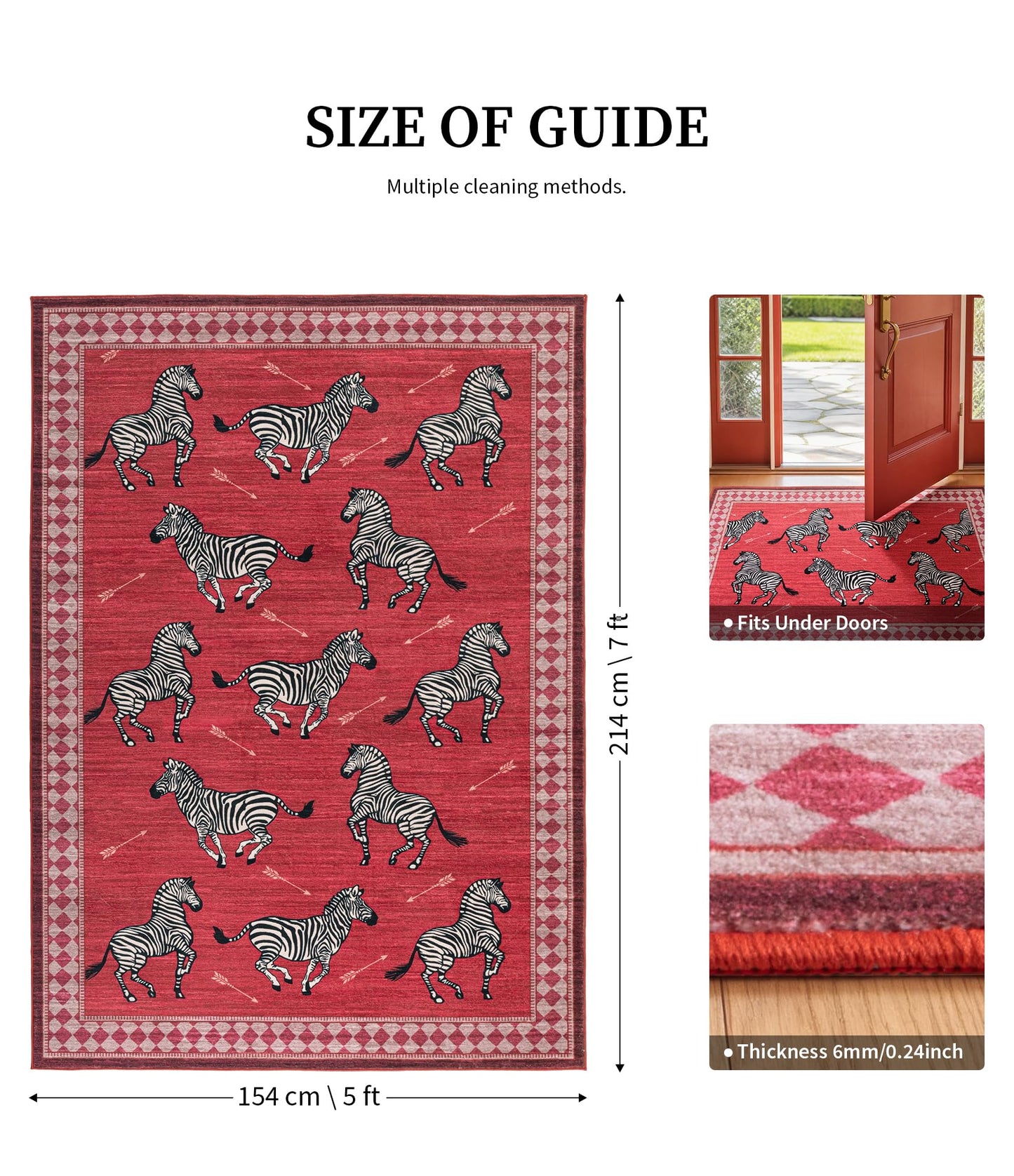 YIHOUSE Red Zebra Area Rugs 5×7, Washable Animal Print Rug with Checkered Border, Non-Slip Low Pile Mid-Century Modern Carpet for Living Room, Bedroom, Dining Room, Home Decor