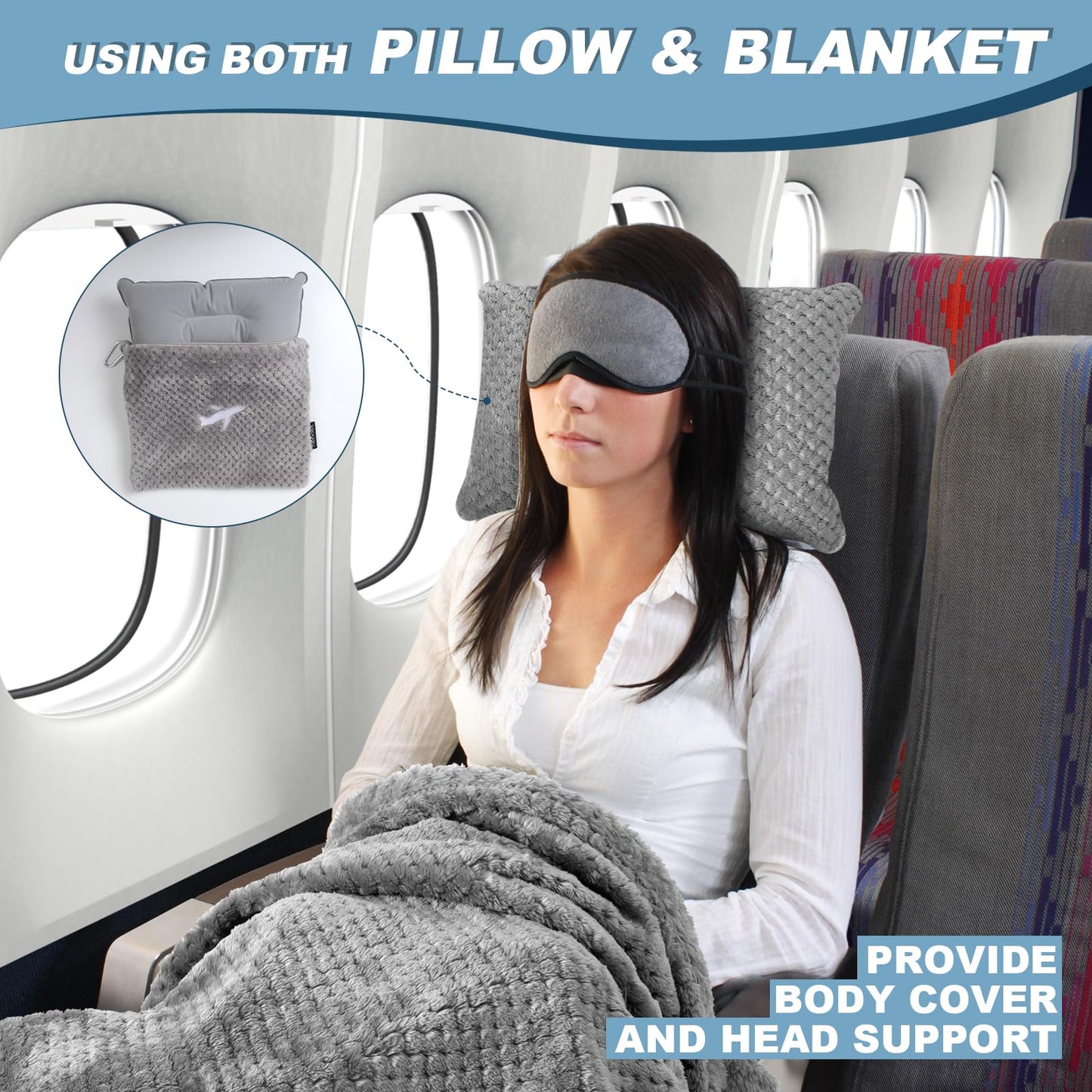 Nenolix Travel Blanket Airplane Compact with Bag, Travel Essentials 3 in 1 Packable Airplane Blanket, Travel Pillow and Blanket Set, Inflatable Pillow, Luggage Sleeve & Backpack Clip (Light Grey)