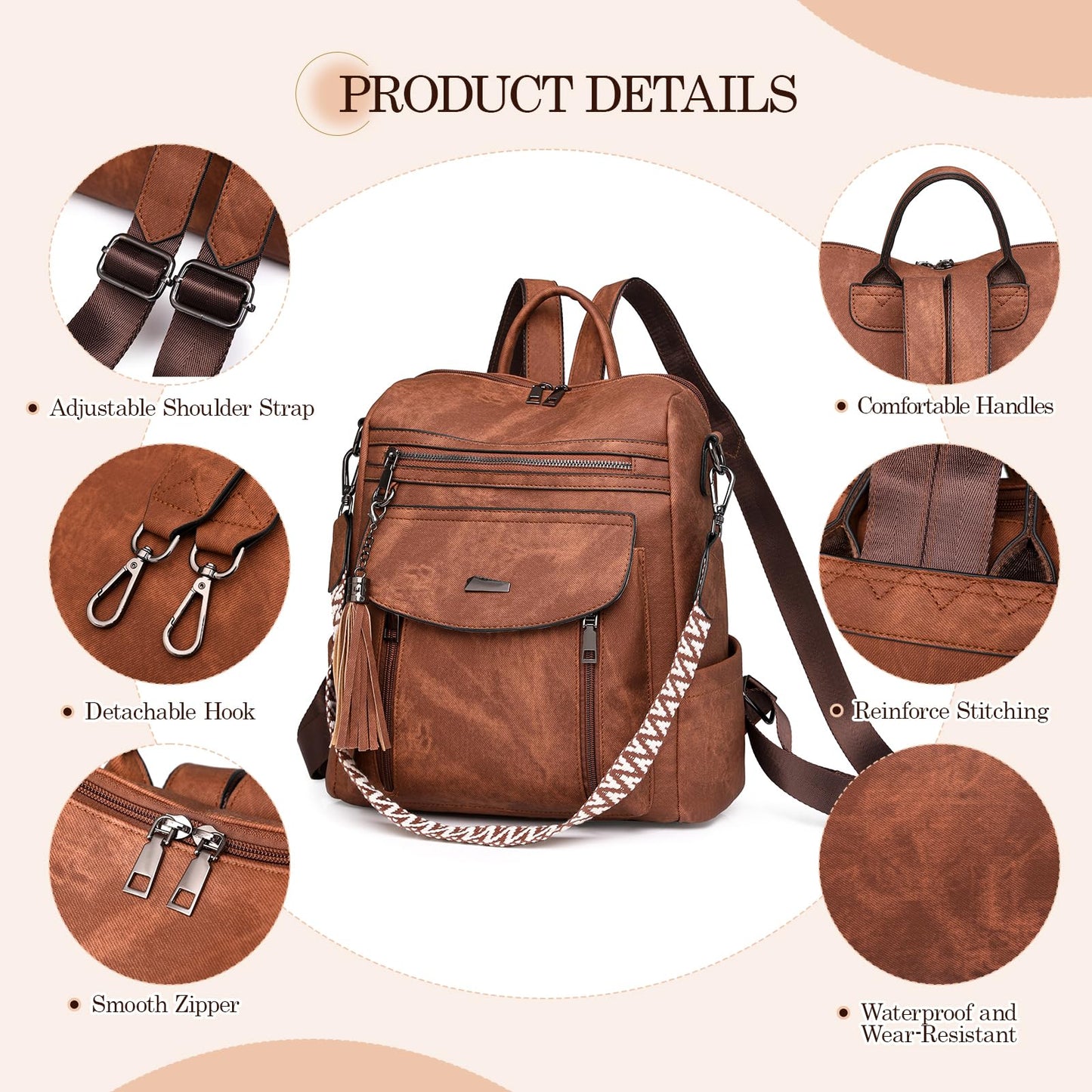 ROOSALANCE Backpack Purse for Women Pu Leather Backpack Fashion Ladies Shoulder Bag Handbags for Travel Daily Use, Brown