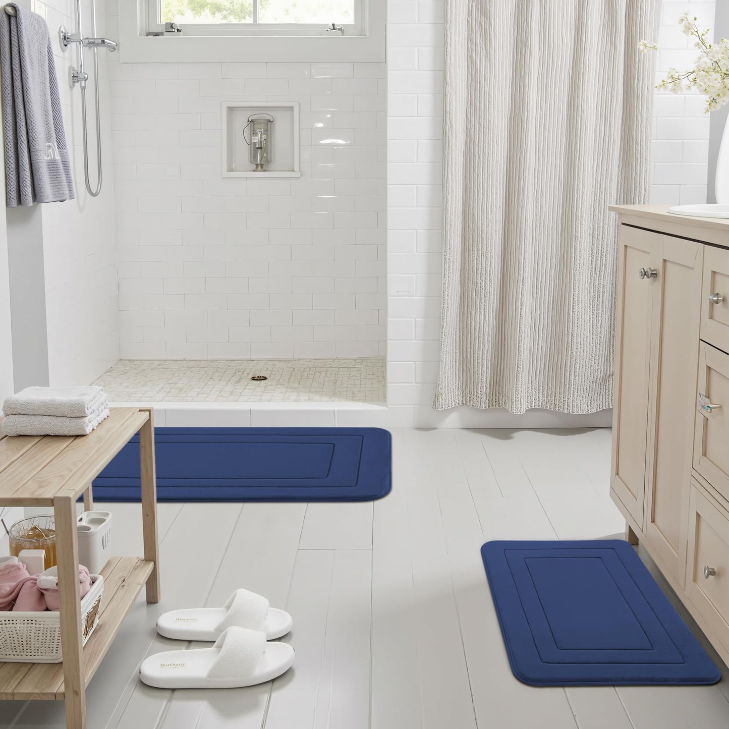 Cupic Cupid Super Soft Memory Foam 20" x 32" Bath Mats for Bathroom Floor Shower & Tub, Navy Blue Bathroom Rugs Non Slip Washable, Water Absorbent Bath Rugs, Quick Dry Bath Carpet