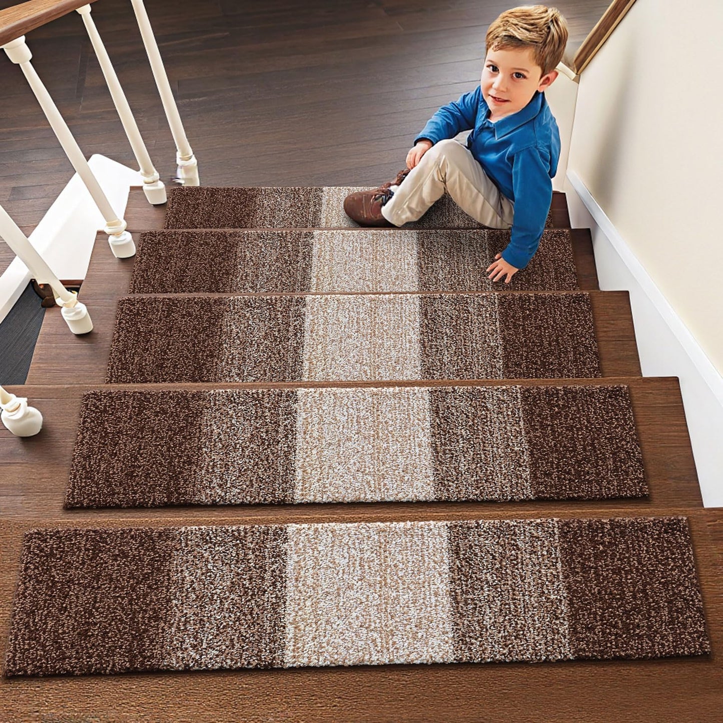 OLANLY Stair Treads Non Slip 4PCS, 8" x 30" Indoor Stair Runners for Wooden Steps, Edging Stair Rugs with Reusable Peel and Stick Adhesive for Kids Elders and Pets, Brown