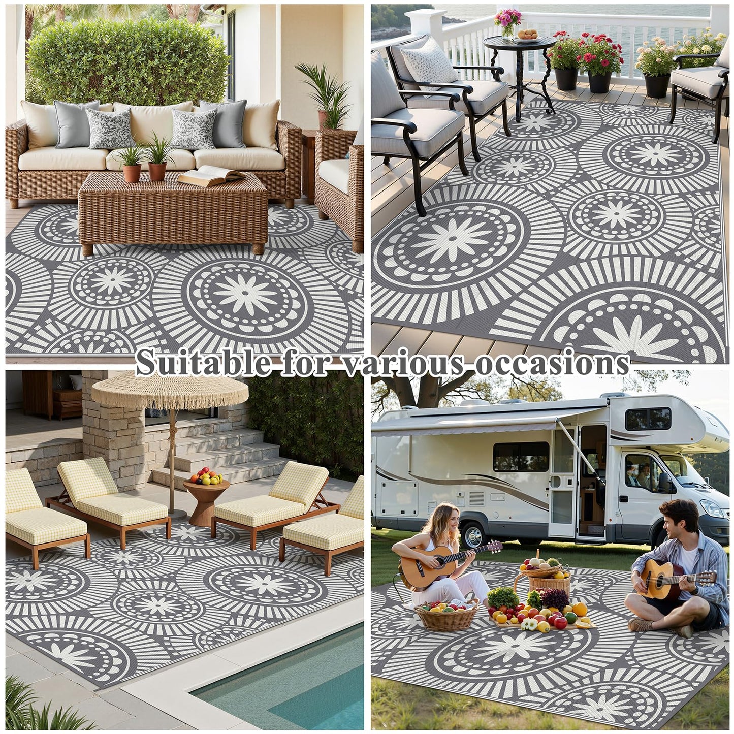 Ileading Outdoor Patio Rug Waterproof, Reversible Plastic Straw Mat, Grey Geometric Outside Carpet Quick Dry, Portable Area Rug for Deck Porch Balcony Camping RV (6×9 ft)