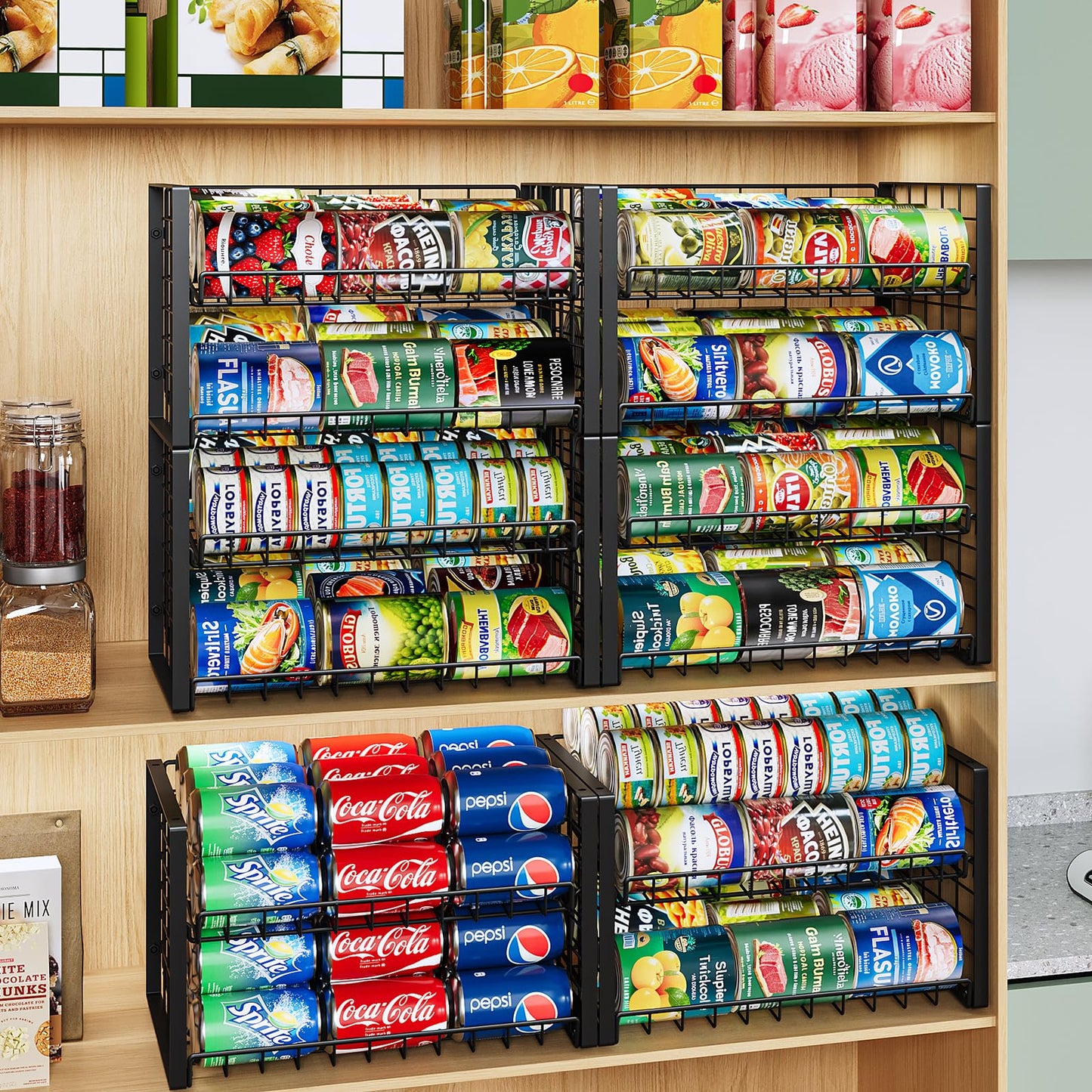 JKsmart 2-Tier Stackable Can Rack Organizer for Pantry, Adjustable Can Dispenser Holds Up to 62 Cans, Can Storage Holder for Various Ounces of Canned Food Soda Drinks, Black, 2 Pack (Petent Pending)