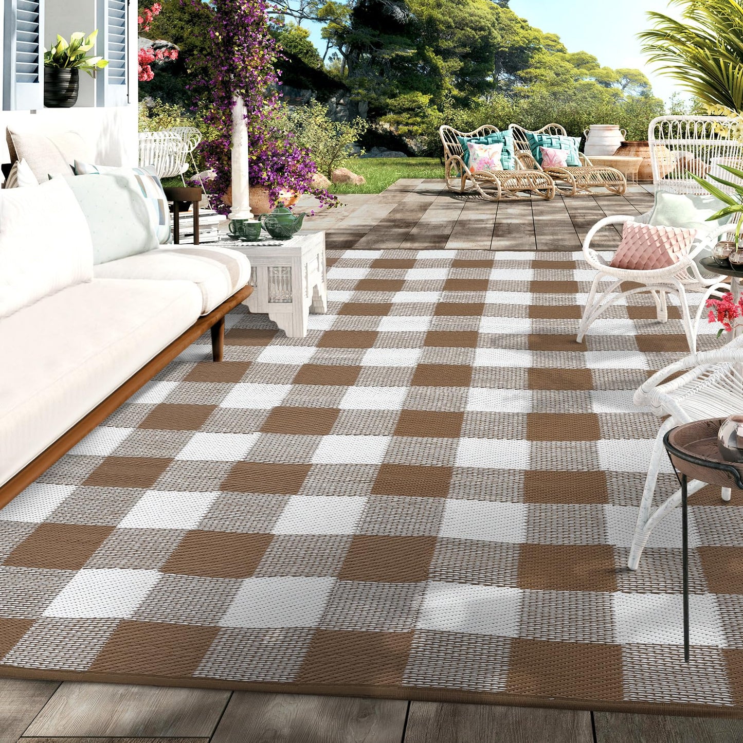 COZYLOOM Outdoor Plastic Straw Rug 8x10 Waterproof Outdoor Patio Rug Geometric Champing Rug Checkered Outdoor Carpet Reversible Rug for Rv Baclony Picnic Backyard Deck Porch Beach, Brown
