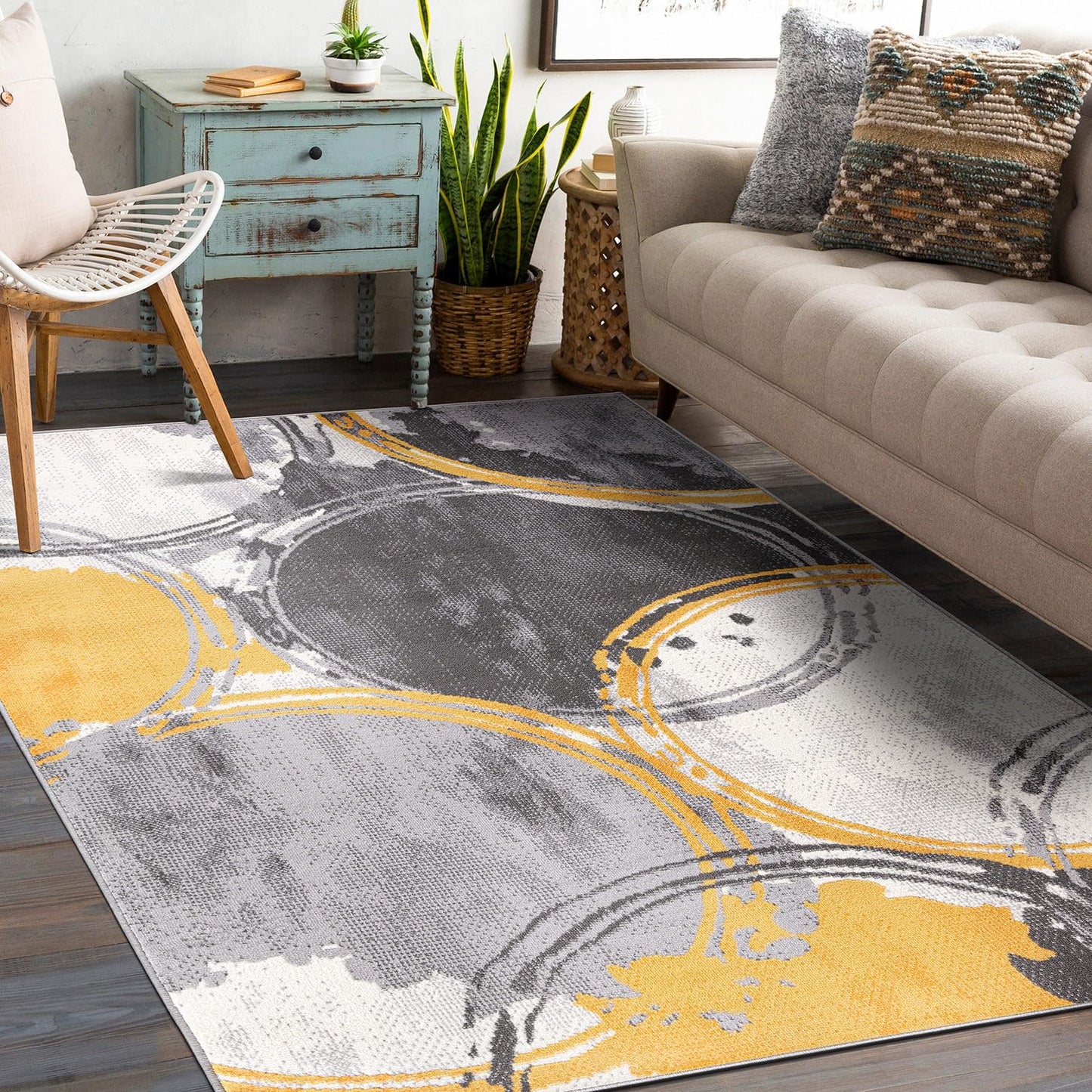 Rugshop Evora Modern Yellow Area Rug, Contemporary Circles Design, Non-Shedding Carpet for Large Living Room or Bedroom, 7'10" x 10'